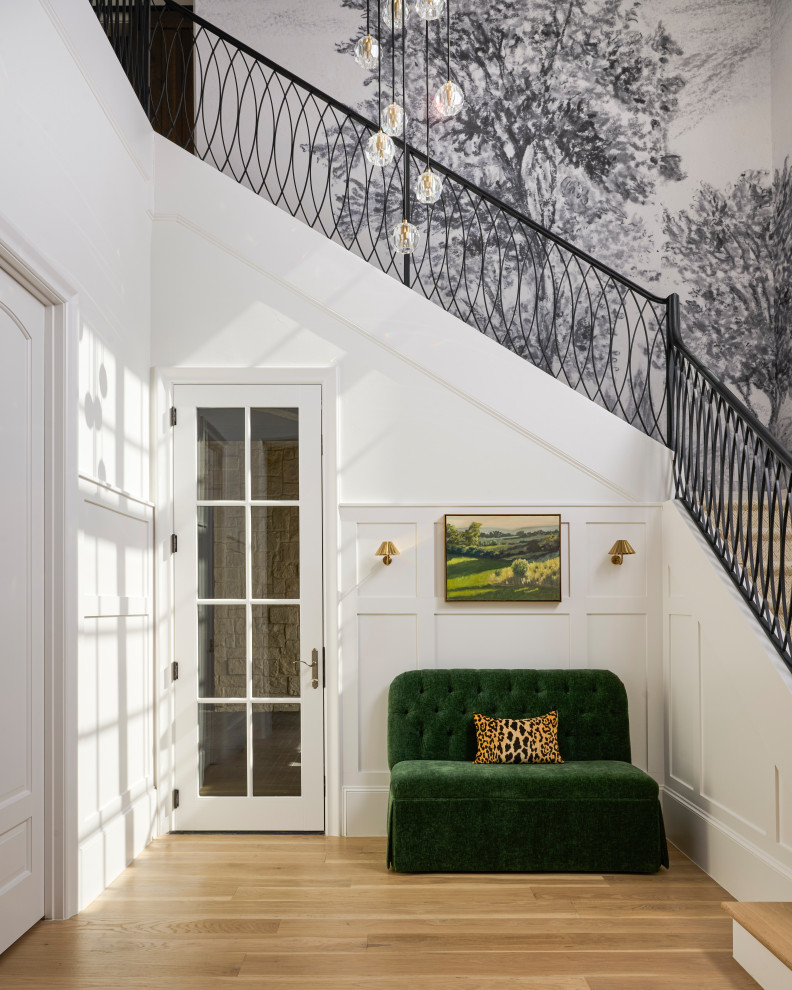 Staircase - large transitional wooden l-shaped metal railing staircase idea in Dallas with painted risers
