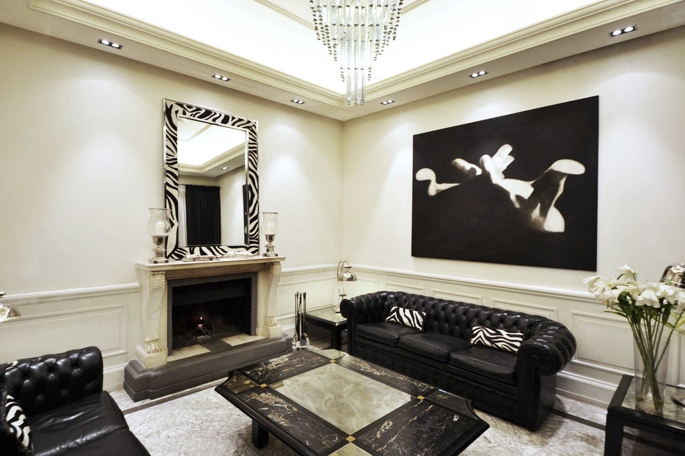 This is an example of a large eclectic open concept living room in Rome with white walls, marble floors, a standard fireplace and a stone fireplace surround.