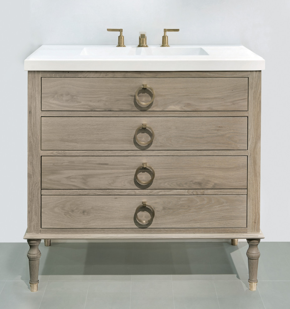Inspiration for a small transitional bathroom in Atlanta with light wood cabinets, solid surface benchtops, white benchtops, a single vanity and a freestanding vanity.