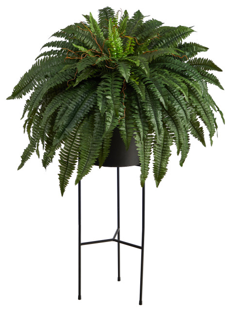 51" Boston Fern Artificial Plant, Black Planter With Stand