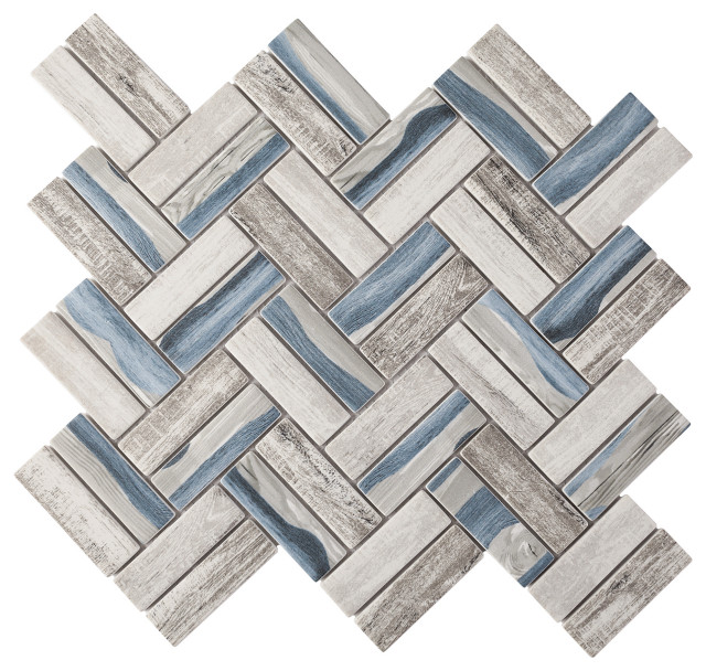 Recycle Glass Wooden Look Blue Herringbone Mosaic Tile Backsplash Contemporary Mosaic Tile