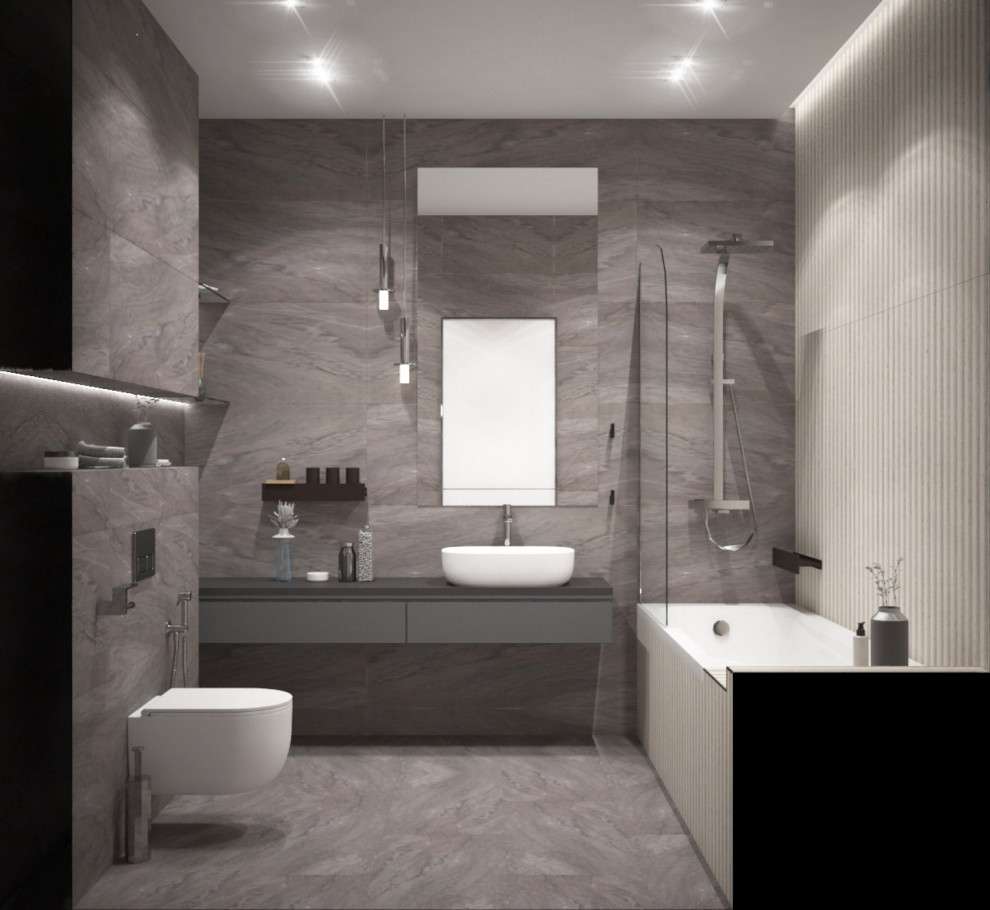 Mid-sized contemporary master bathroom in Moscow with raised-panel cabinets, white cabinets, an undermount tub, a wall-mount toilet, beige tile, porcelain tile, beige walls, porcelain floors, a drop-in sink, marble benchtops, beige floor, beige benchtops, a single vanity and a floating vanity.