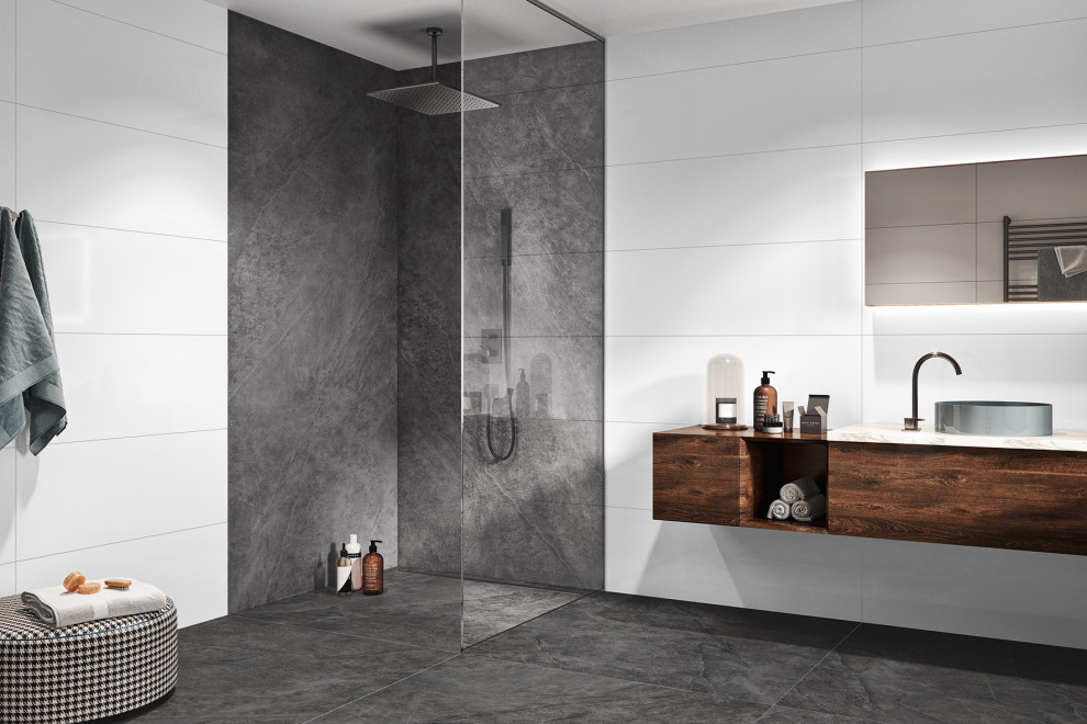 Inspiration for a large contemporary master bathroom in Miami with furniture-like cabinets, brown cabinets, a corner shower, ceramic tile, grey walls, ceramic floors, engineered quartz benchtops, grey floor, an open shower, white benchtops, a single vanity and a floating vanity.