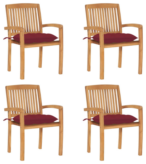 vidaXL Stacking Garden Chairs With Cushions, Set of 4, Solid Teak Wood Contemporary Outdoor