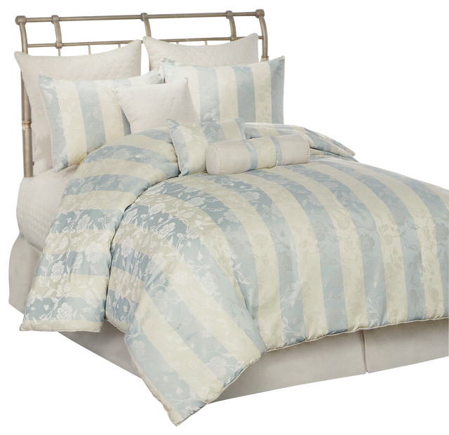 Aqua And Ivory Fl Stripe 10 Piece Comforter Set Transitional Aqua And Ivory Fl Stripe California King 10 Piece Comforter Set