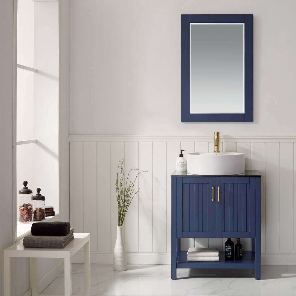 Inspiration för små moderna svart badrum med dusch, med skåp i shakerstil, ett fristående badkar, en kantlös dusch, en bidé, vit kakel, tunnelbanekakel, vita väggar, målat trägolv, ett fristående handfat, bänkskiva i glas, vitt golv, med dusch som är öppen och blå skåp