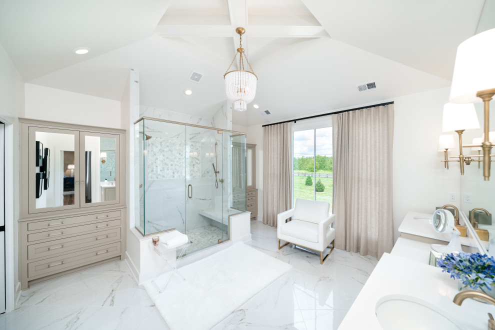 Transitional master bathroom in Louisville with beige cabinets, an alcove shower, white tile, marble, white walls, marble floors, an undermount sink, solid surface benchtops, white floor, a hinged shower door, white benchtops, a shower seat, a double vanity, a built-in vanity, vaulted and beaded inset cabinets.