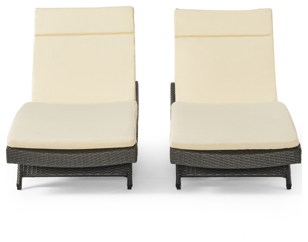 GDF Studio Nassau Outdoor Gray Wicker Chaise Lounge, Beige Cushions, Set of 2 Tropical