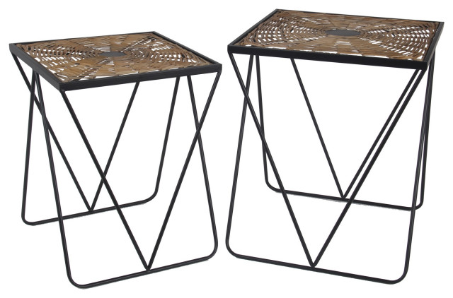 Woven Vinyl Top Square Accent Table,Set of 2,Brown And Black
