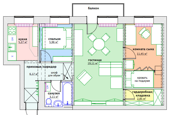 Дизайн-проекты для двухкомнатных квартир площадью 63 кв.м.