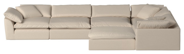 6PC Slipcovered L-Shape Sectional Sofa with Ottoman | Tan/Beige