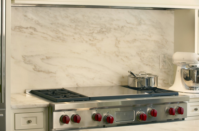 Imperial White Marble Backsplash Transitional Kitchen