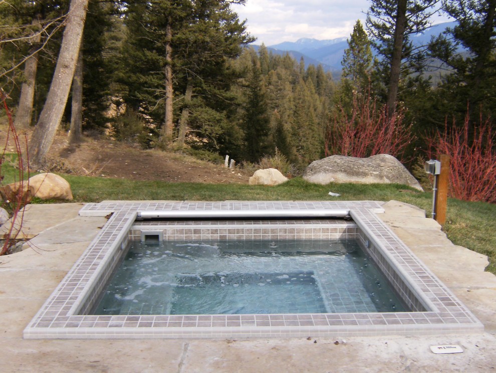 Country rectangular pool in Other with a hot tub.
