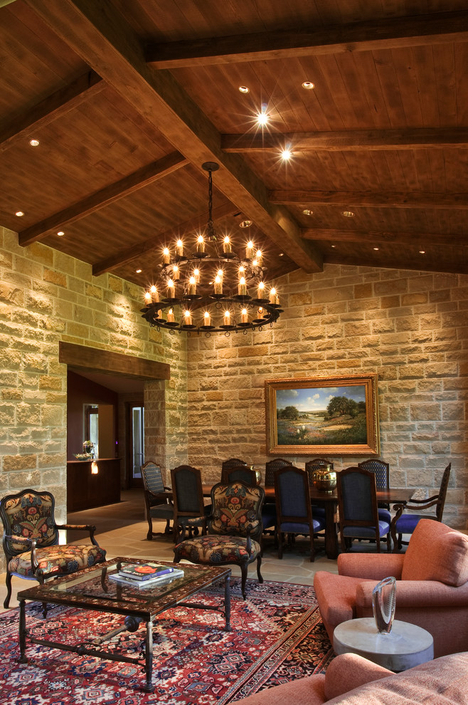 This is an example of a large traditional open plan dining in Austin with no fireplace.