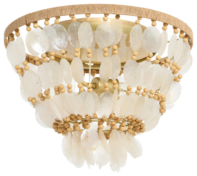 15" Round Capiz and Wood Bead Flush Mount Ceiling Light Beach Style