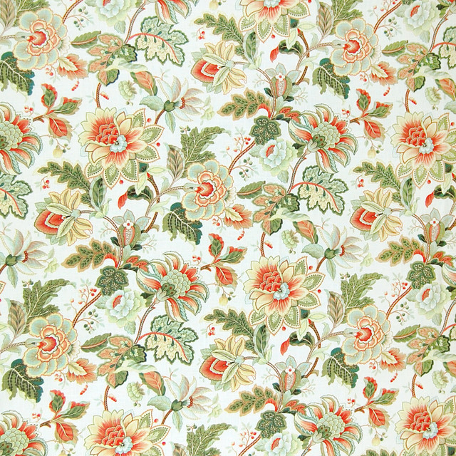 Opal Green Orange Gold Floral Linen Print Upholstery Fabric