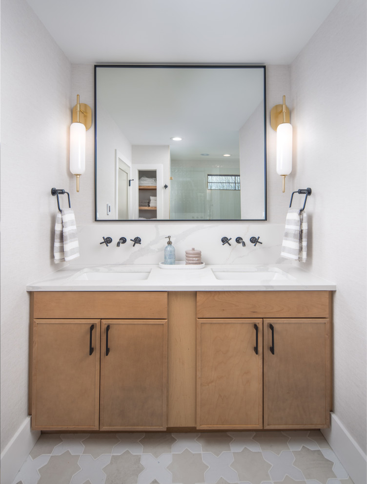 Example of a transitional mosaic tile floor and wallpaper bathroom design with quartzite countertops, white countertops and a built-in vanity