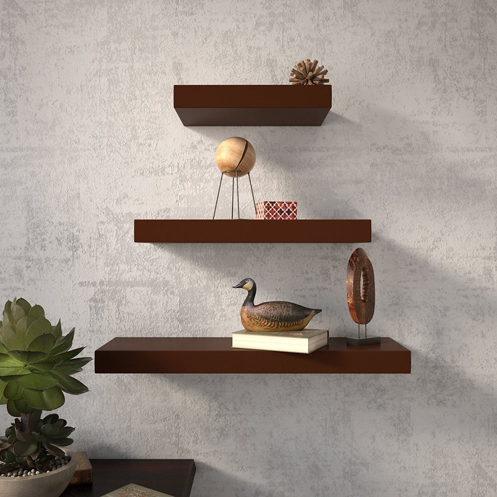 DecorNation Set Of 3 Wall Shelves (24X7IN 18X7IN 12X7IN) Brown