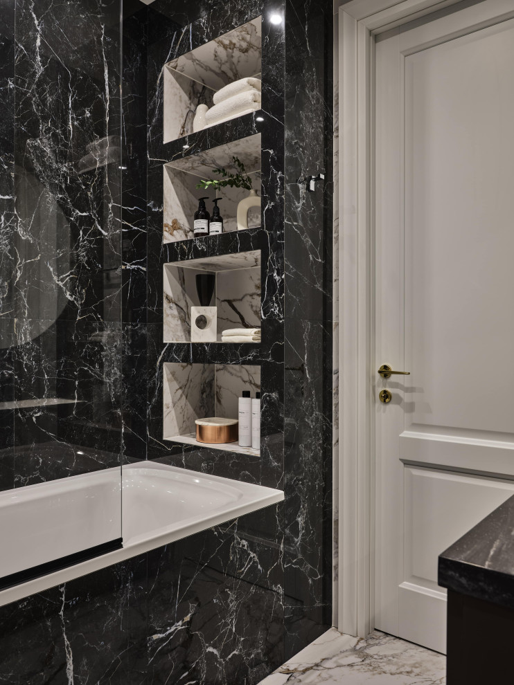 Photo of a mid-sized transitional master bathroom in Moscow with raised-panel cabinets, brown cabinets, an undermount tub, a shower/bathtub combo, a wall-mount toilet, black and white tile, porcelain tile, black walls, porcelain floors, a vessel sink, quartzite benchtops, white floor, a shower curtain, black benchtops, a single vanity and a freestanding vanity.