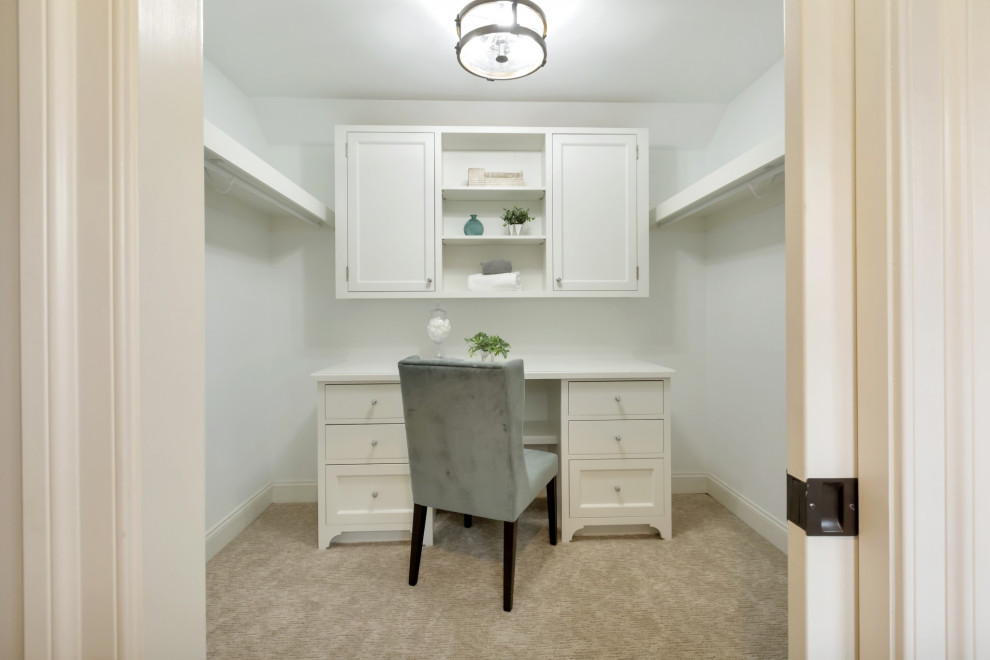 Inspiration for a large contemporary gender-neutral walk-in wardrobe in Philadelphia with shaker cabinets, white cabinets, carpet and grey floor.