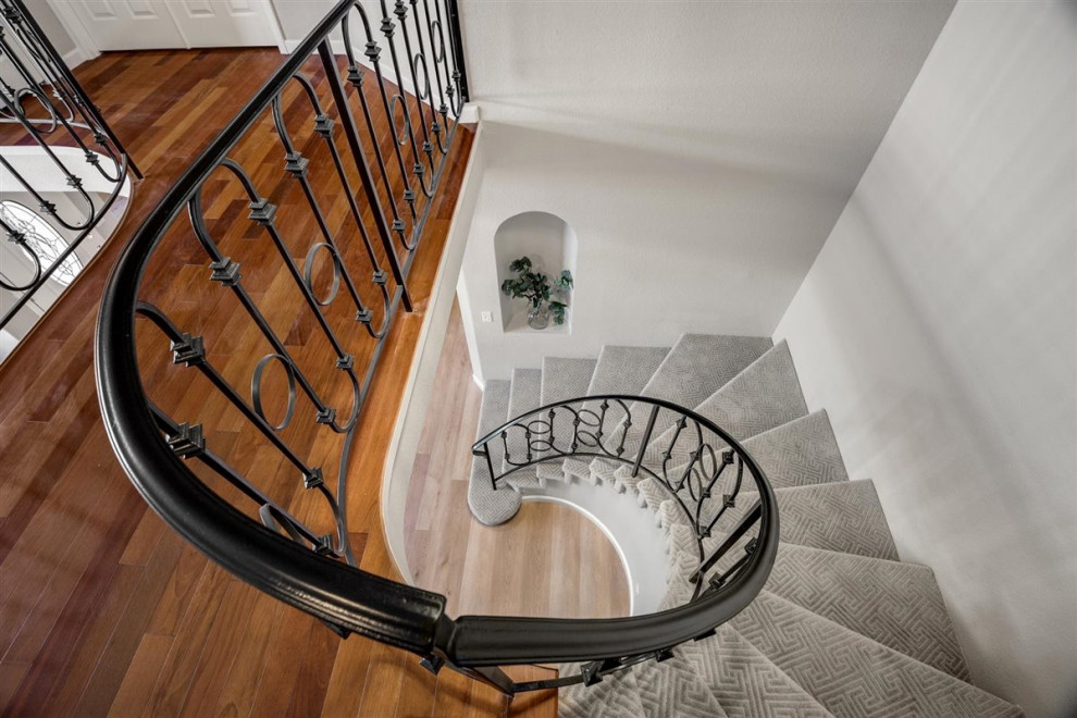 Medium sized modern carpeted curved metal railing staircase in San Francisco with carpeted risers and a dado rail.