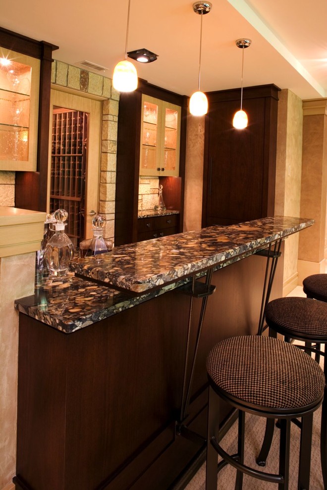 Mid-sized asian u-shaped seated home bar in Minneapolis with flat-panel cabinets, dark wood cabinets, granite benchtops, beige splashback and stone tile splashback.