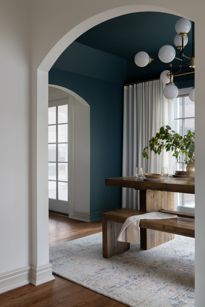 Ispirazione per una sala da pranzo moderna chiusa e di medie dimensioni con pareti blu e pavimento in legno massello medio