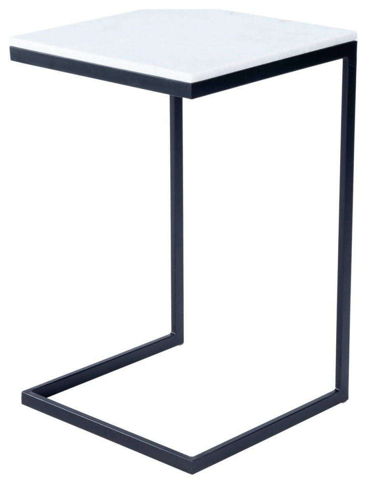 Offex Lawler Modern White Marble Top End Table with Black Iron Base