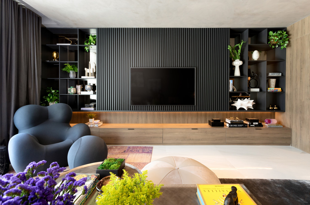 Modern Luxury TV Unit with Black Slatted Wood Design - Contemporary ...