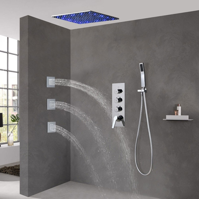 Brushed Nickel Ceiling Mount LED Rainfall Shower Set Thermostat, BS ...
