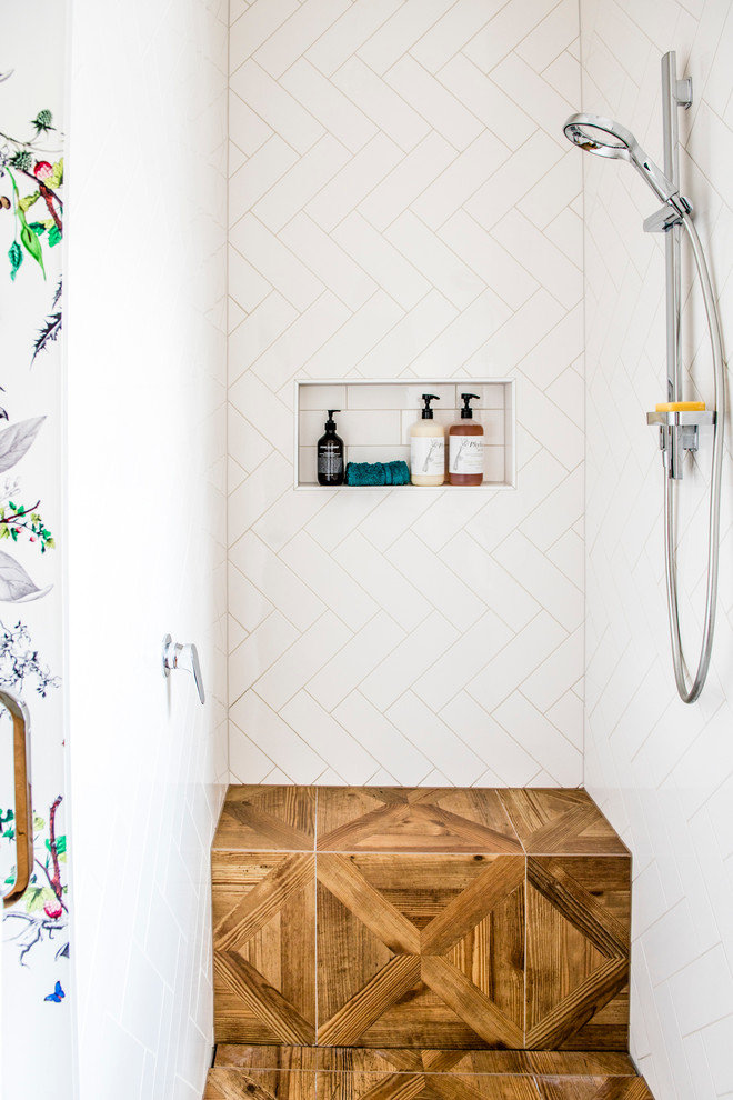 Design ideas for a contemporary master bathroom in Melbourne with an open shower, white tile, ceramic tile and dark hardwood floors.