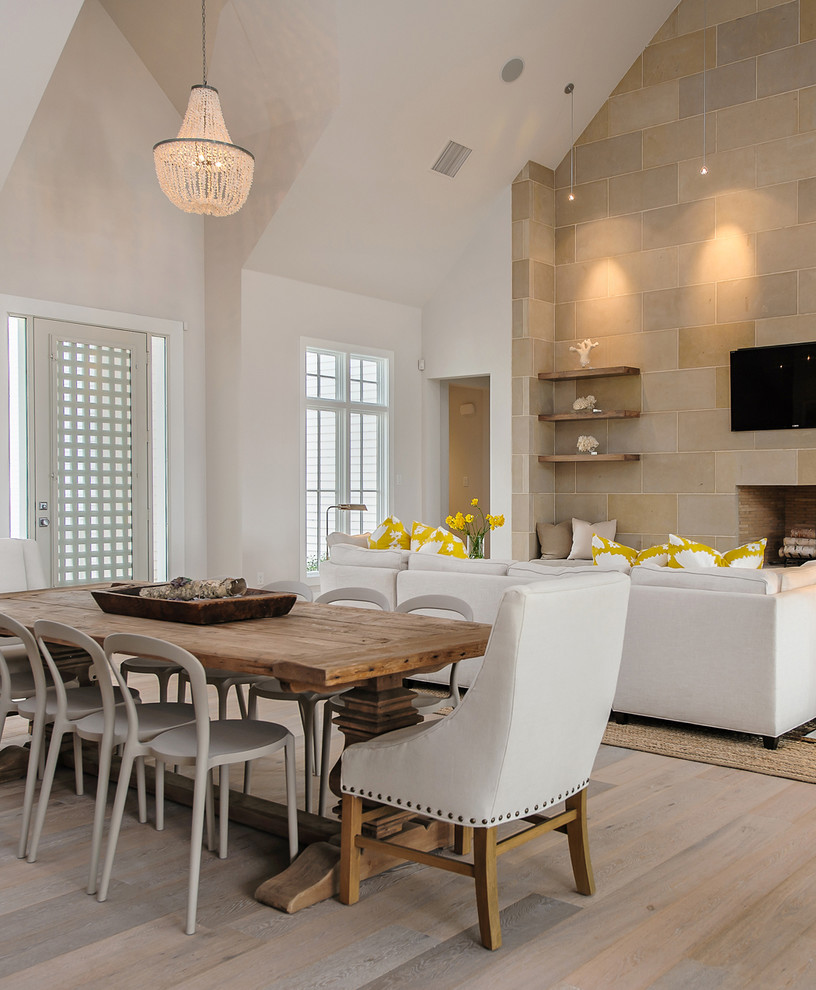 Inspiration for a transitional open plan dining in Dallas with white walls.