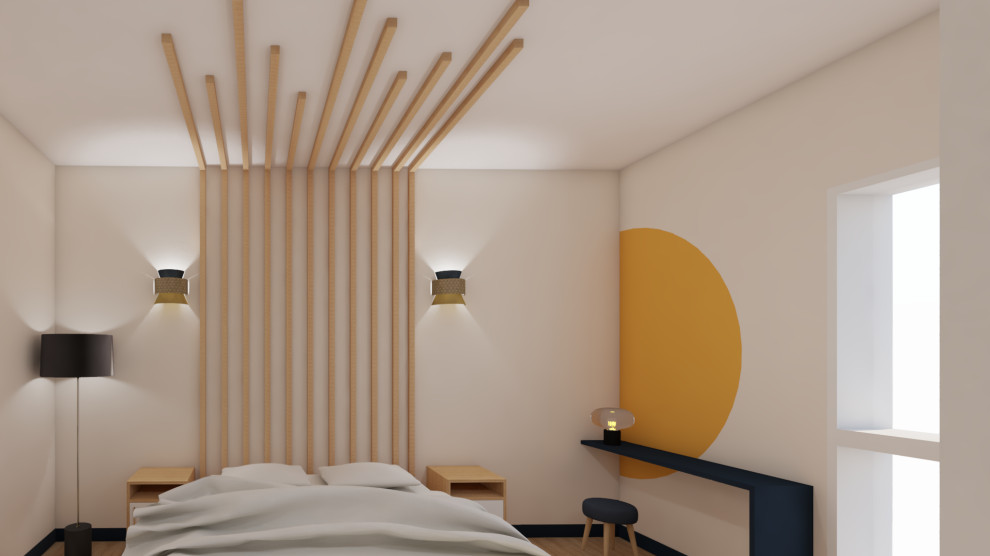 Foto på ett mellanstort minimalistiskt huvudsovrum, med vita väggar och ljust trägolv