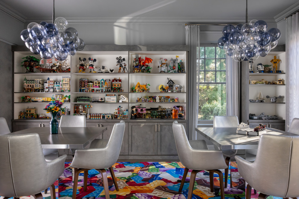 Playroom - mid-sized contemporary gender-neutral carpeted playroom idea in New York with gray walls
