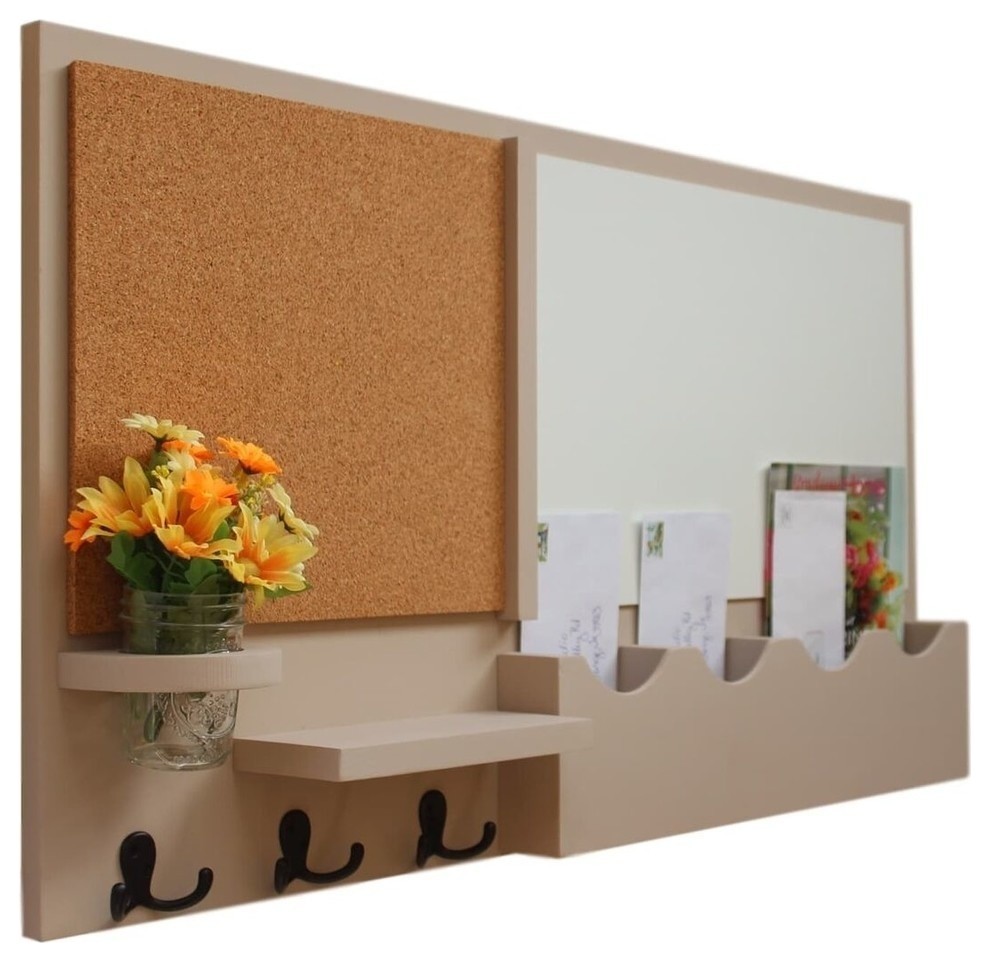 Message Center With Whiteboard, Corkboard, Mail Slots, Hooks, White, Smooth