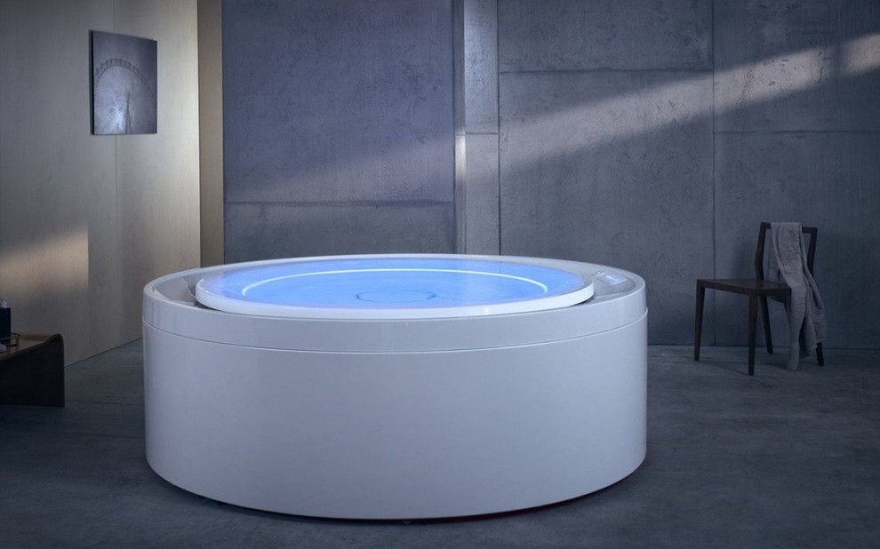 Идея дизайна: большая главная ванная комната в стиле модернизм с отдельно стоящей ванной
