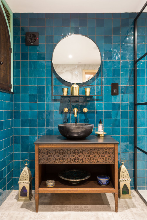 Moroccan Magic: Moroccan Themed Bathroom with Beige Floor and Brass Accents