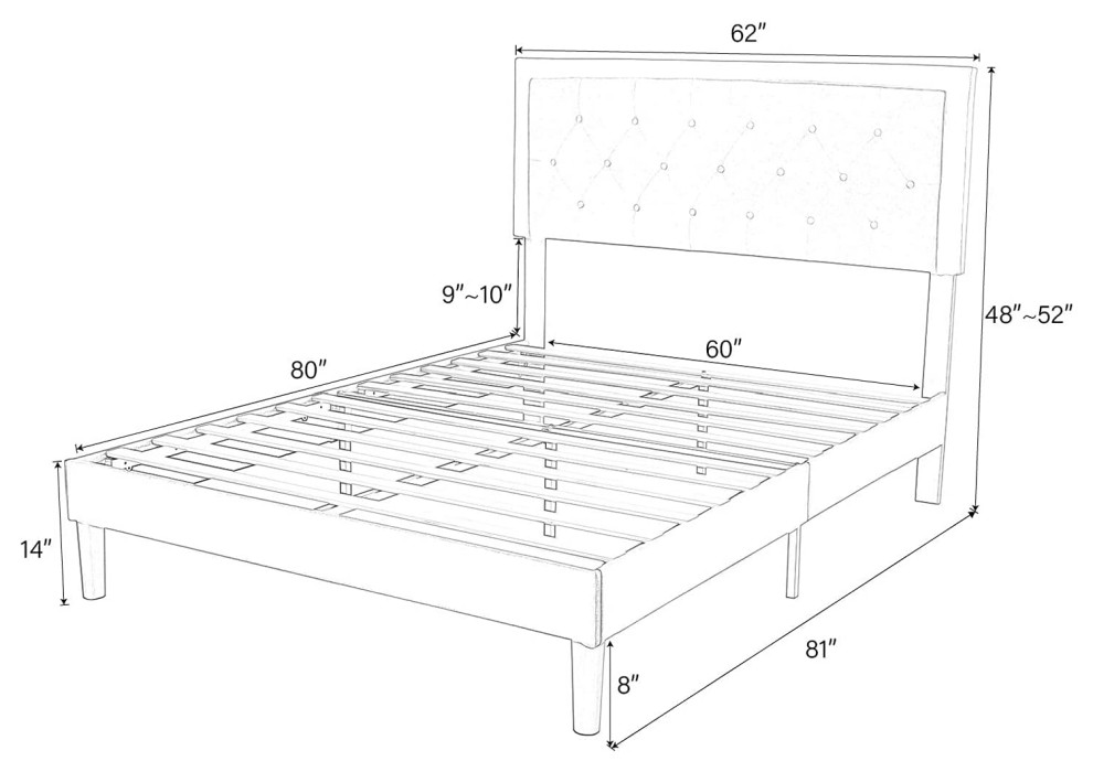 Queen Platform Bed Frame with Upholstered Headboard and Wood Slats