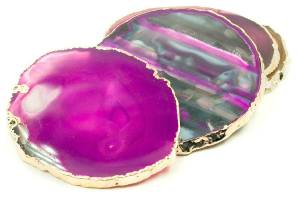 Gold Plated Brazilian Agate Coaster Set of 4, Pink