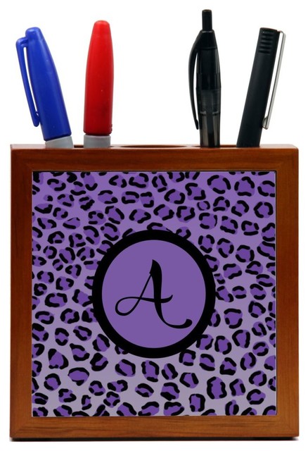 Letter A Sky Blue Leopard Print Monogrammed Design Wood Tile Pen