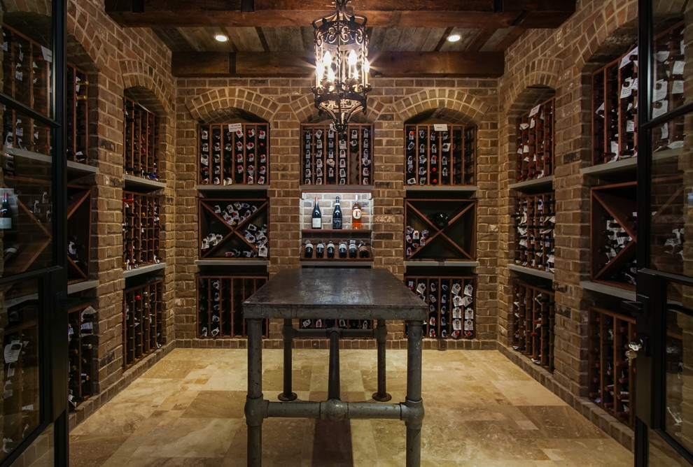 Photo of a country wine cellar in Chicago with travertine floors, display racks and beige floor.