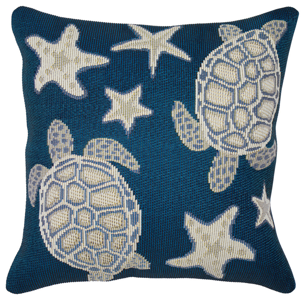 Marina Turtle And Stars Indoor/Outdoor Pillow, Navy, 18" X 18"