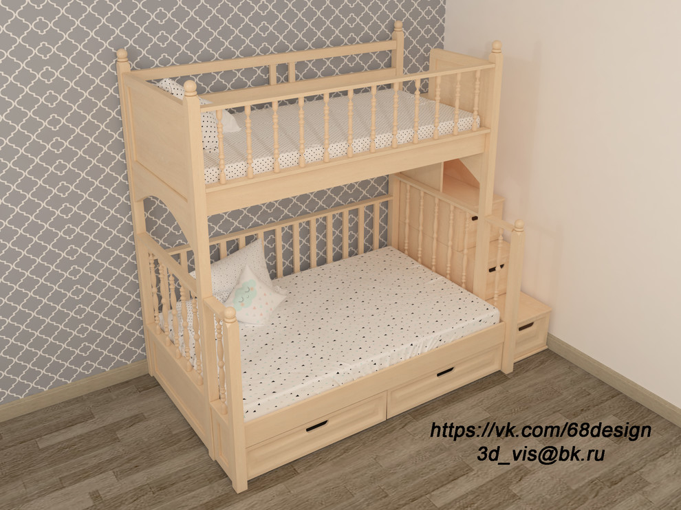 Дизайн и визуализация двух ярусной кровати, с разной шириной спальных мест
