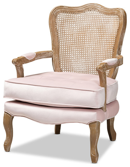 Vallea Traditional French Provincial Light Pink Velvet White-Washed Oak Armchair