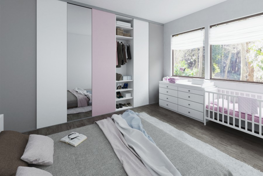 Inspiration for a scandinavian women's storage and wardrobe in Other with flat-panel cabinets and distressed cabinets.