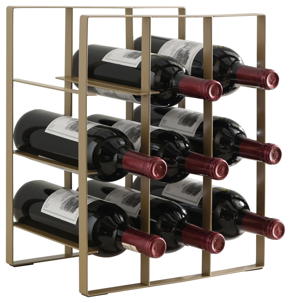 Carrol Modern Countertop Wine Rack, Gold Metal, 9 Square Bottle Holders