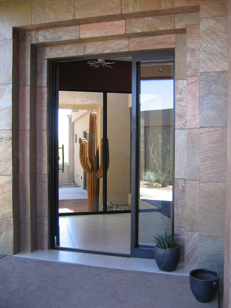 Inspiration for an expansive transitional front door in Denver with a single front door and multi-coloured floor.