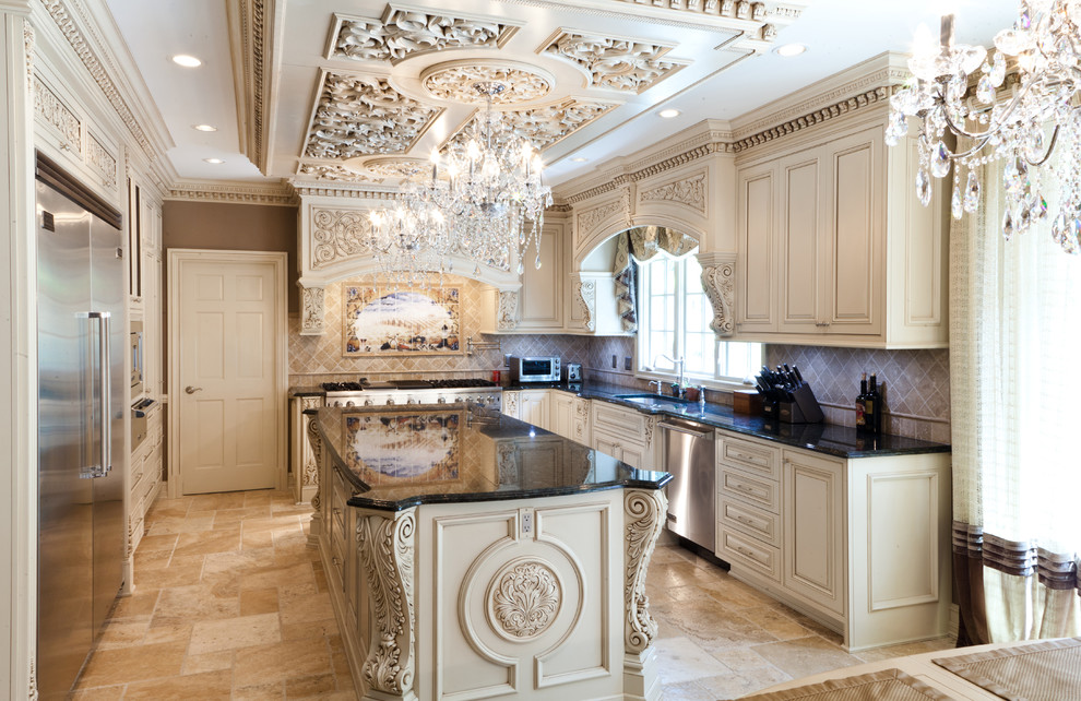 Large traditional single-wall eat-in kitchen in New York with an undermount sink, raised-panel cabinets, white cabinets, marble benchtops, white splashback, ceramic splashback, stainless steel appliances, dark hardwood floors and with island.