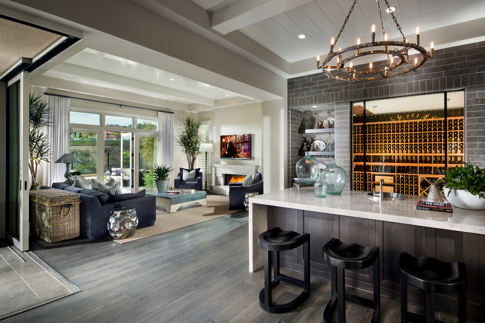 Photo of a transitional home bar in Orange County with a drop-in sink, dark hardwood floors and grey floor.
