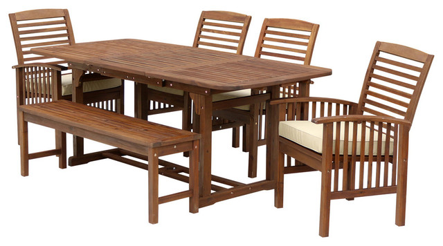 6 Piece Acacia Patio Dining Set With Cushions Craftsman Outdoor Sets By Walker Edison Houzz - 6 Piece Acacia Wood Patio Dining Set